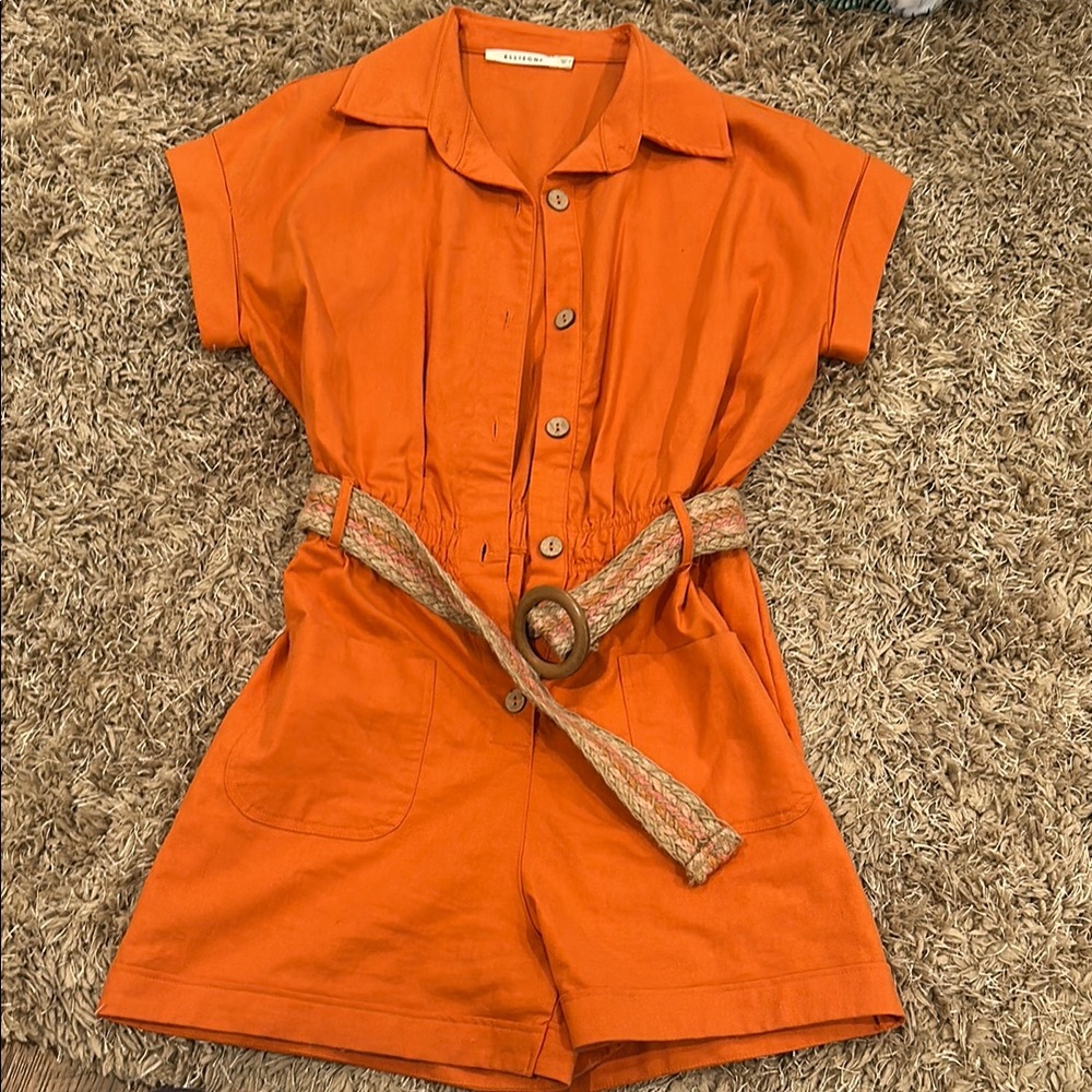 Ellison Orange Short-Sleeve Button Romper with Woven Belt